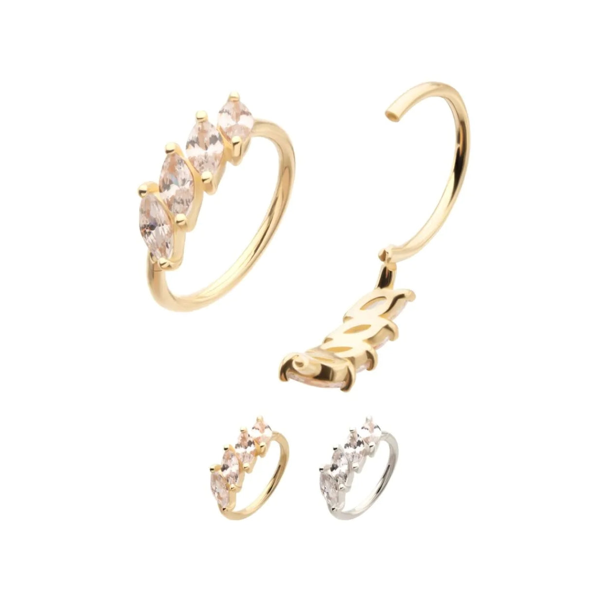Marquise Staggered CZ Cluster Side Facing Hinged Segment Clicker - 14kt Gold