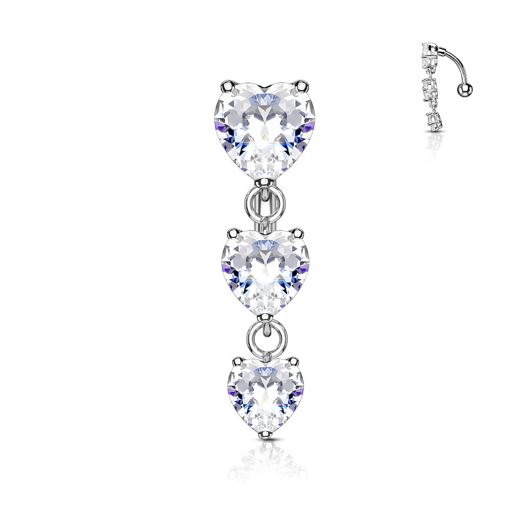 Triple Crystal Heart Vertical Drop Belly Button Ring - Stainless Steel
