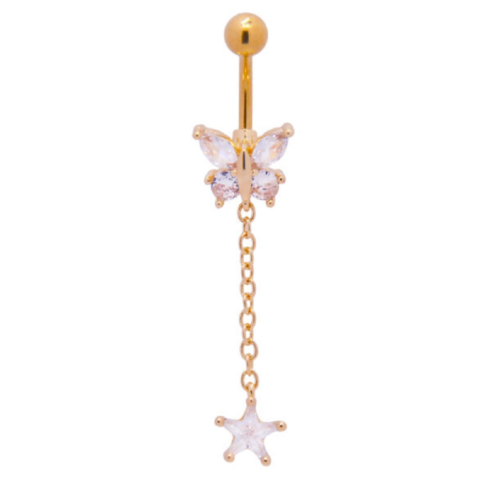 Zircon Crystal Butterfly with Dangling Star Belly Button Ring - 316L Stainless Steel