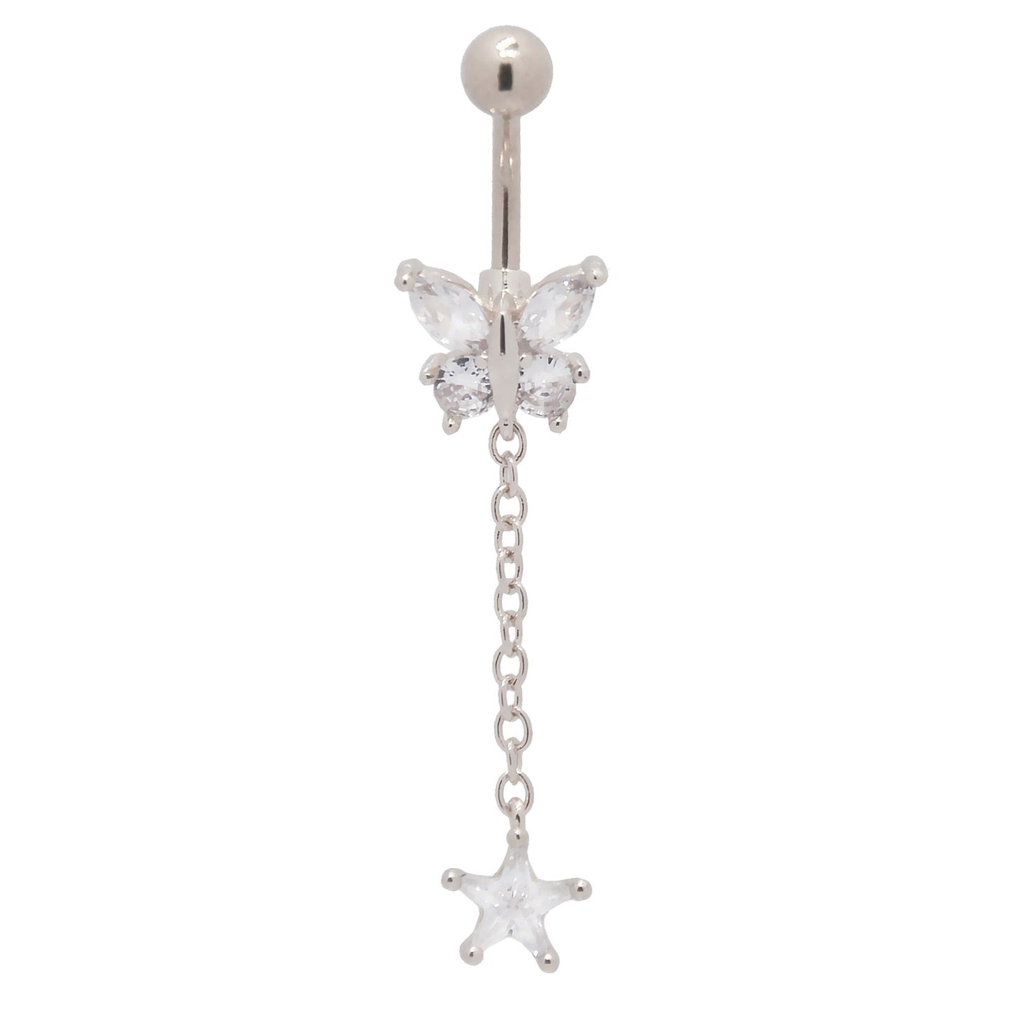Zircon Crystal Butterfly with Dangling Star Belly Button Ring - 316L Stainless Steel