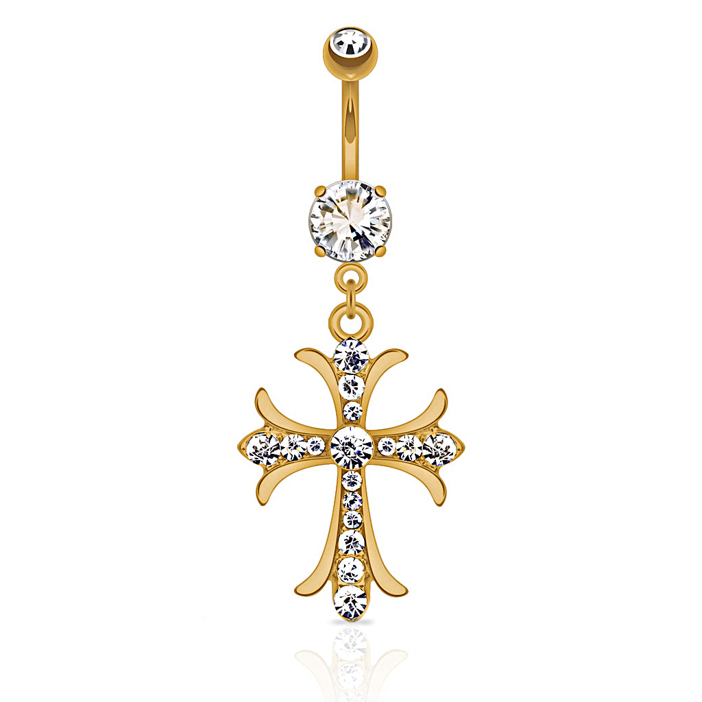 Celtic Cross with Paved Gems Dangling Belly Button Ring - 316L Surgical Steel