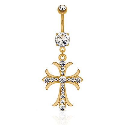 Celtic Cross with Paved Gems Dangling Belly Button Ring - 316L Surgical Steel