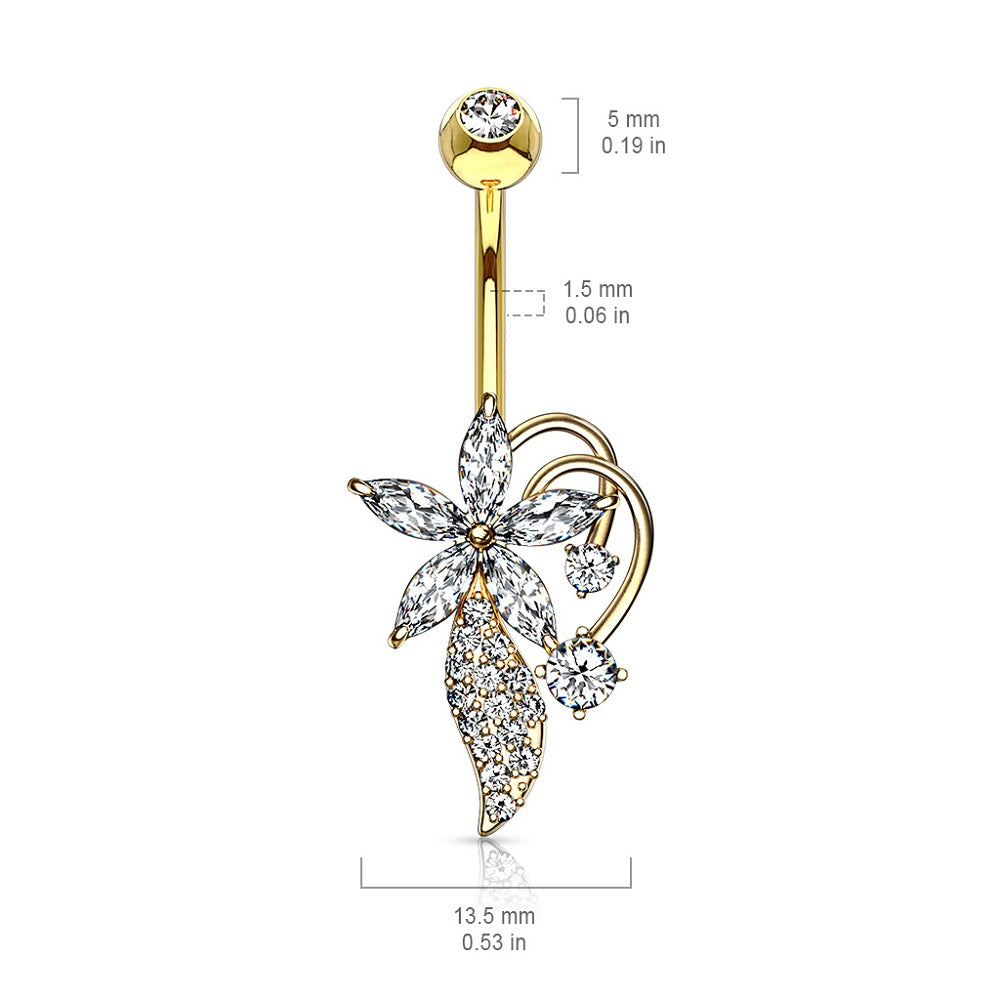 Five Marquise CZ Flower Cluster Stem Bouquet Belly Button Ring
- 316L Stainless Steel