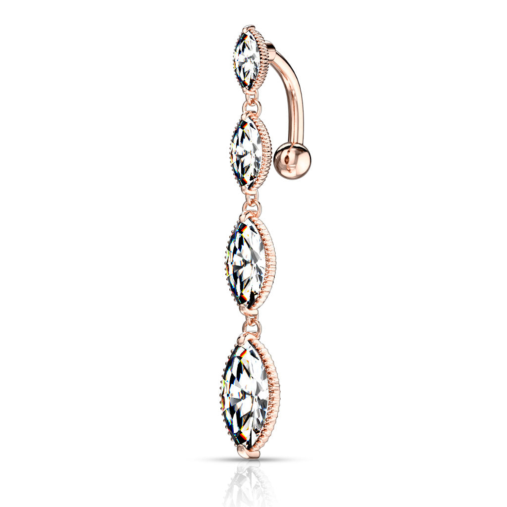 Four Marquise Crystal Vertical Drop Dangling Belly Button Ring - 316L Stainless Steel