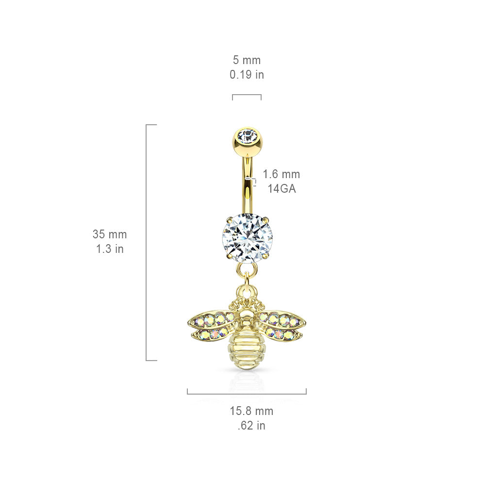 Bumble Bee with AB Crystal Paved Wings Double Jeweled Dangling Belly Button Ring - 316L Stainless Steel