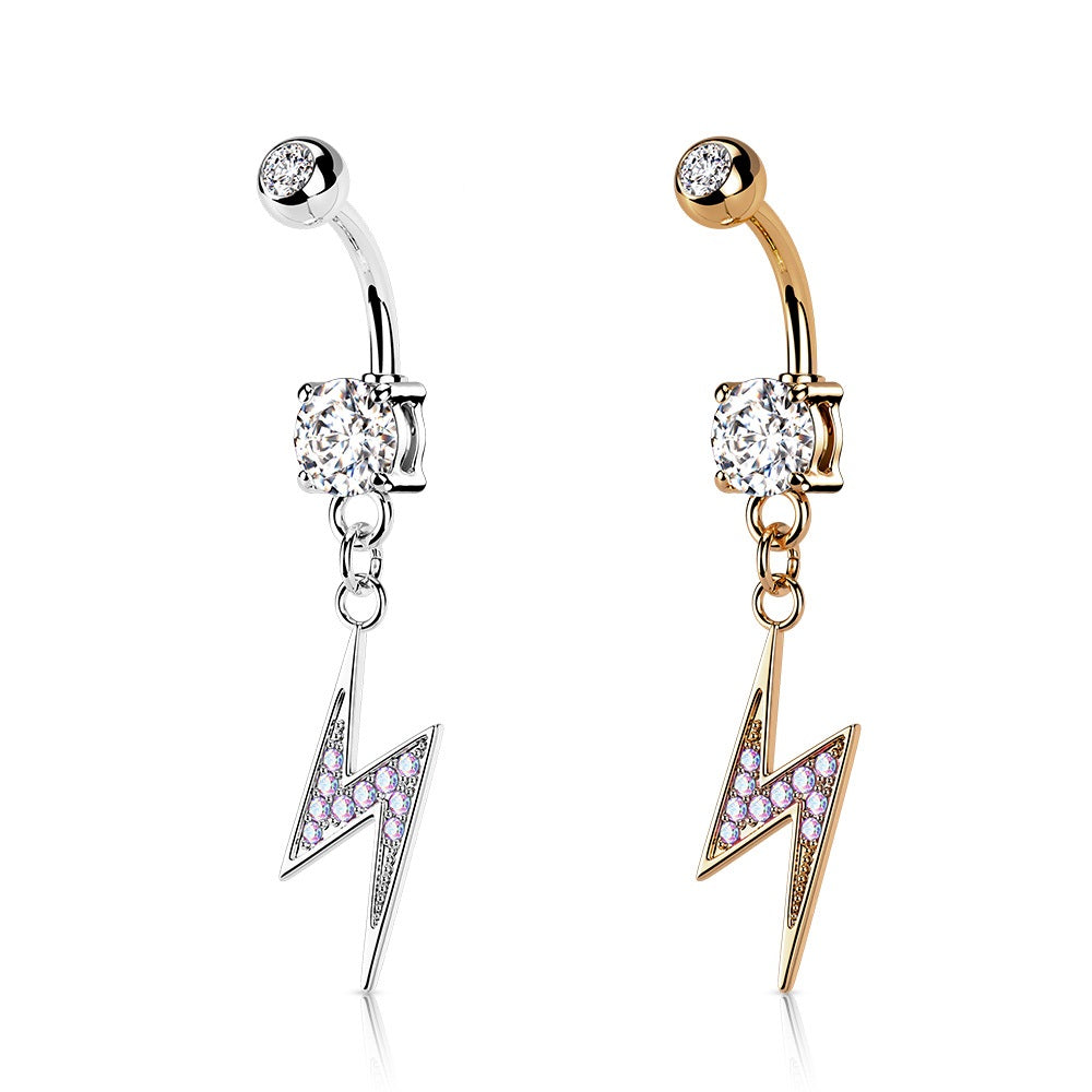 Dangling Lightning Bolt Paved with AB CZ on Double Jeweled Belly Button Ring - 316L Stainless Steel