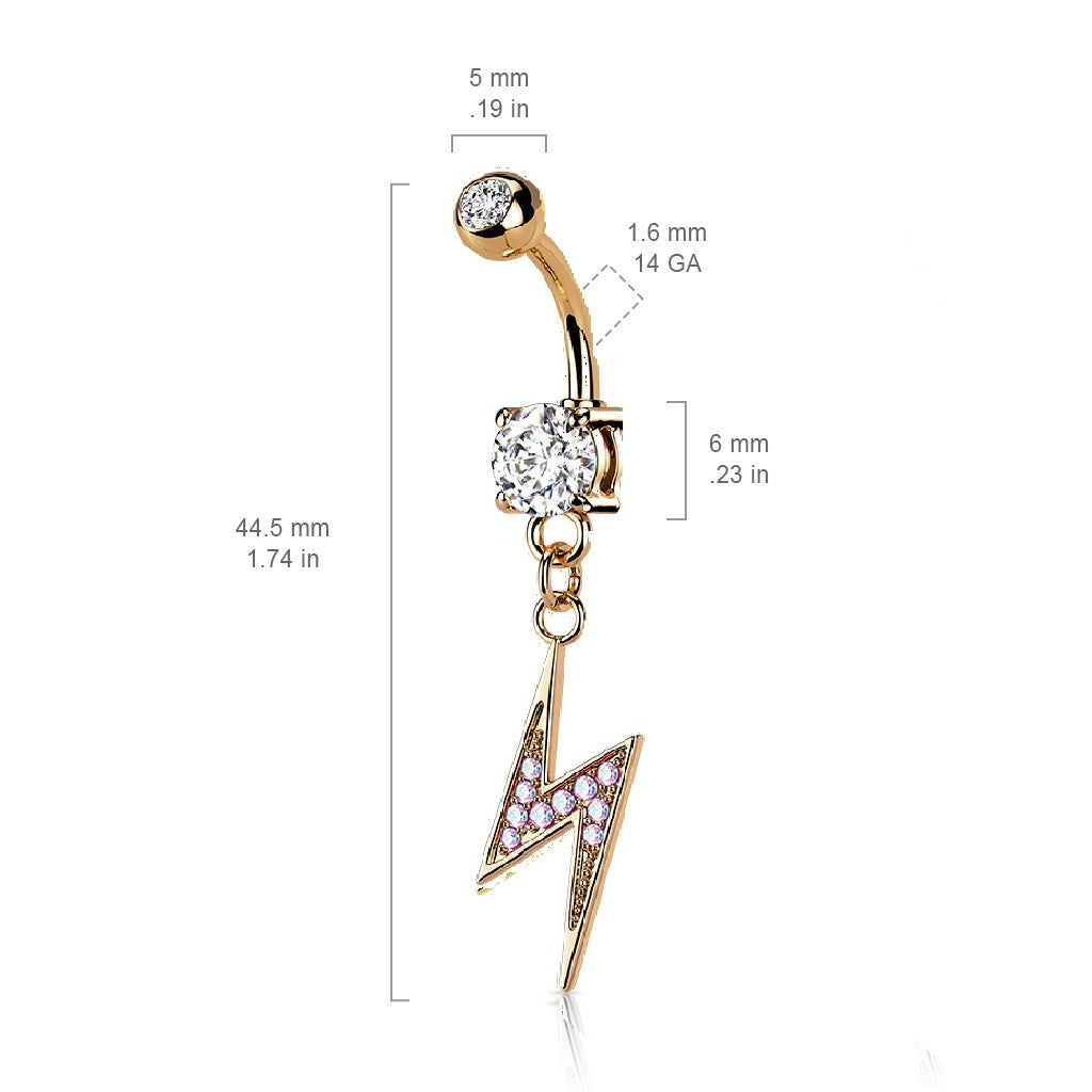 Dangling Lightning Bolt Paved with AB CZ on Double Jeweled Belly Button Ring - 316L Stainless Steel