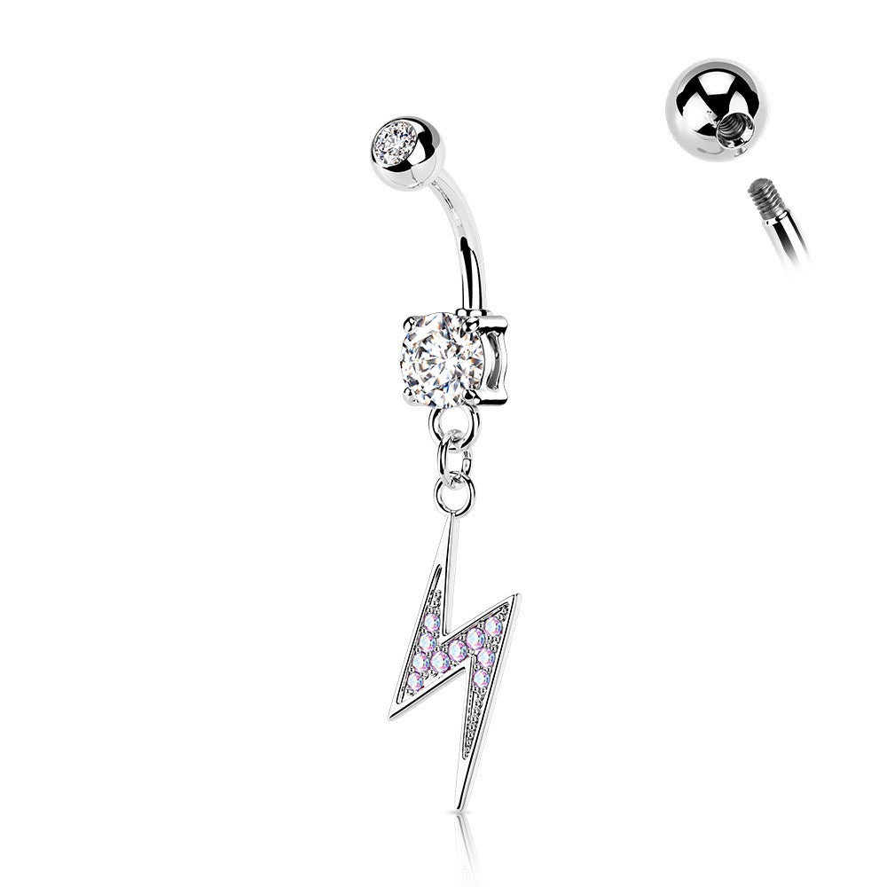 Dangling Lightning Bolt Paved with AB CZ on Double Jeweled Belly Button Ring - 316L Stainless Steel