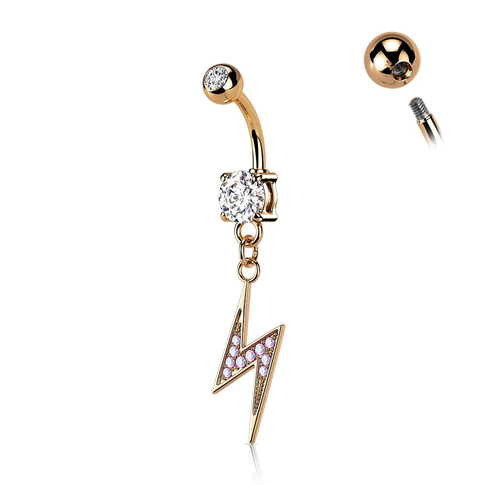 Dangling Lightning Bolt Paved with AB CZ on Double Jeweled Belly Button Ring - 316L Stainless Steel