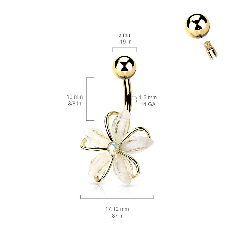 CZ Crystal Centered Wire Set White Flower Belly Button Ring
 - 316L Stainless Steel