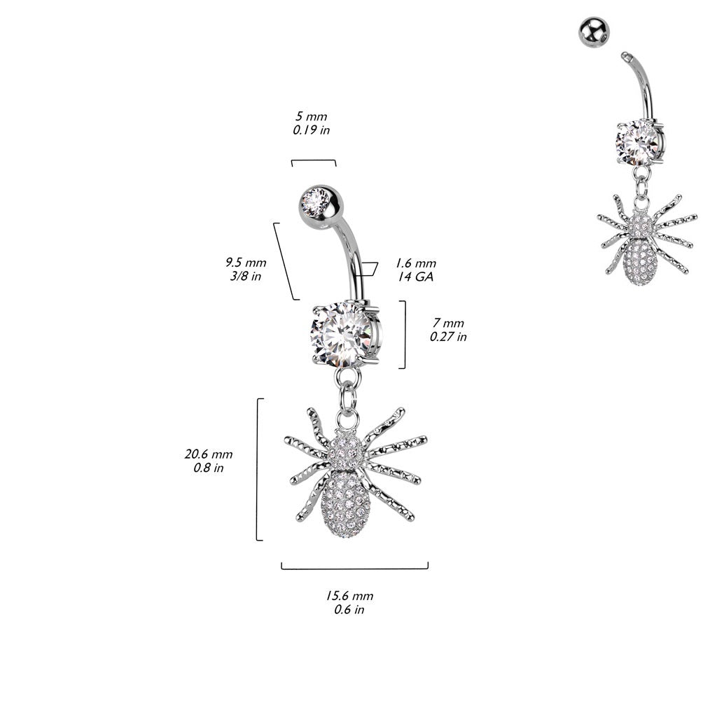 CZ Crystal Paved Spider Dangling Belly Button Ring - 316L Stainless Steel