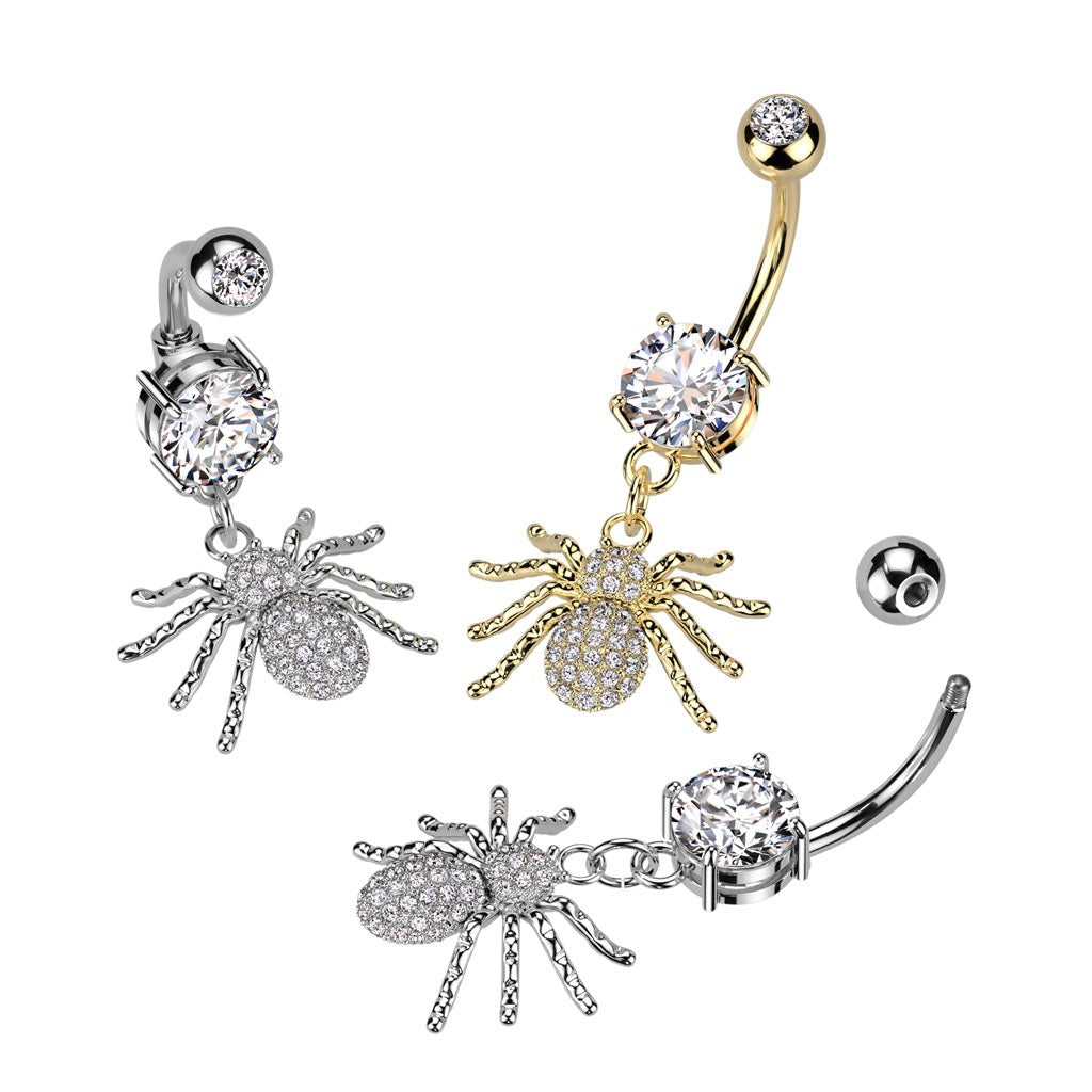 CZ Crystal Paved Spider Dangling Belly Button Ring - 316L Stainless Steel