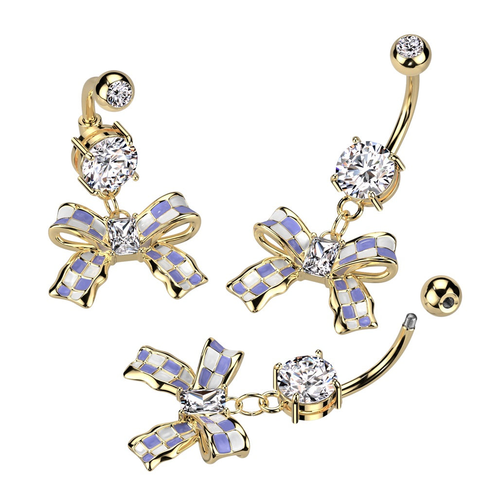 CZ Crystal Purple and White Checkered Ribbon Dangling Belly Button Ring - 14kt Gold Plated 316L Stainless Steel