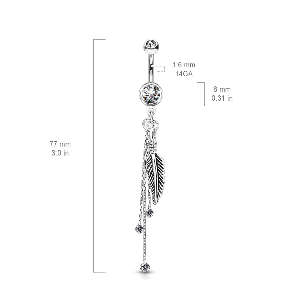 Feather and Chains CZ Crystal Dangling Belly Button Ring
- 316L Stainless Steel