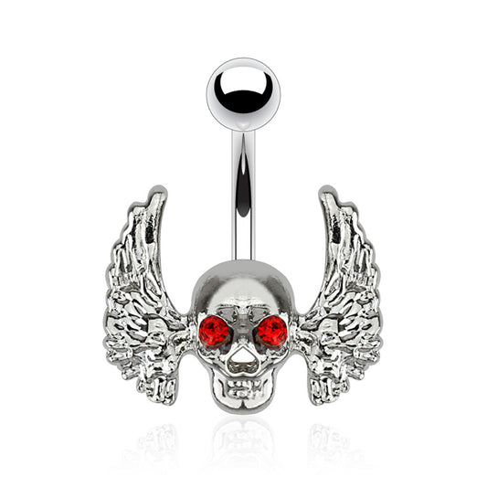 Winged Skull with Red CZ Crystal Eyes Belly Button Ring - Surgical Steel