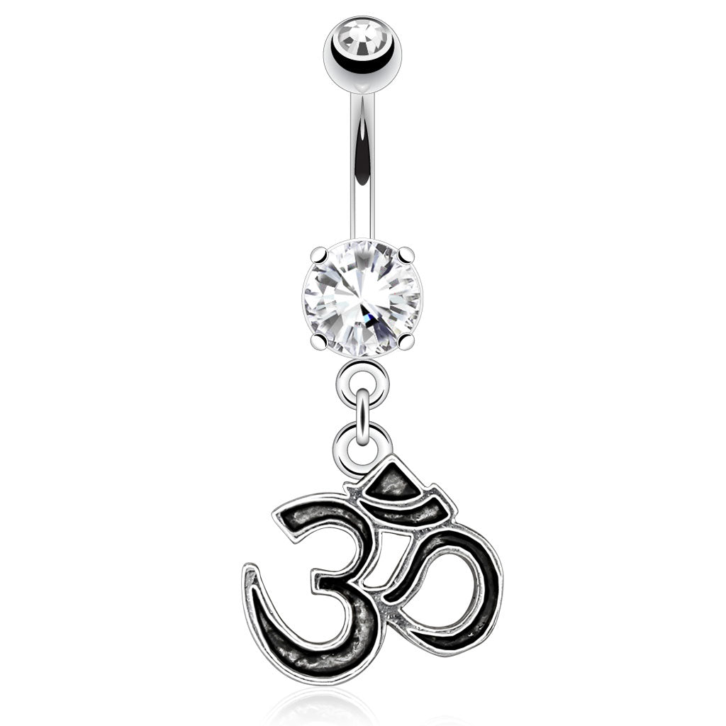 CZ Crystal Dangling Enameled Om Symbol Belly Button Ring - Stainless Steel