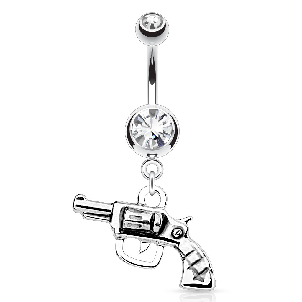 Gun with Clear Gem Dangling Belly Button Ring - Stainless Steel