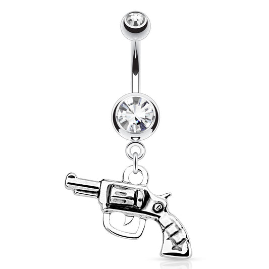 Gun with Clear Gem Dangling Belly Button Ring - Stainless Steel