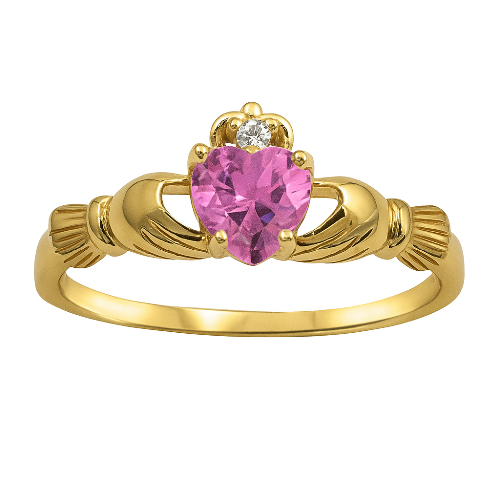 CZ Crystal Heart Claddagh Ring - Gold Plated 925 Sterling Silver