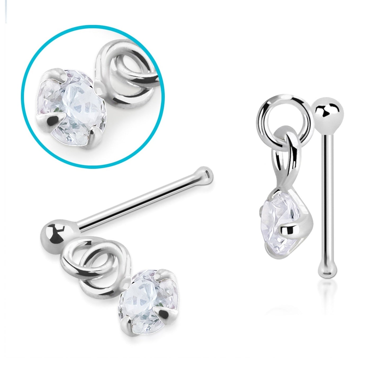 CZ Crystal Dangling Gem Nose Bone Stud - 925 Sterling Silver