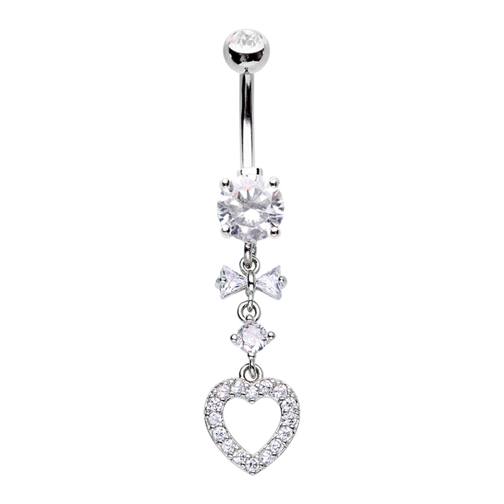 CZ Crystal Bow and Heart Drop Dangling Belly Button Ring - Stainless Steel