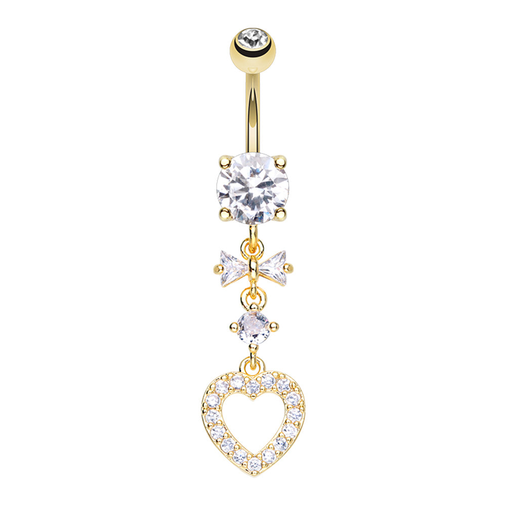 CZ Crystal Bow and Heart Drop Dangling Belly Button Ring - Stainless Steel