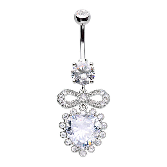 Bow and CZ Crystal Heart Dangling Belly Button Ring - Stainless Steel