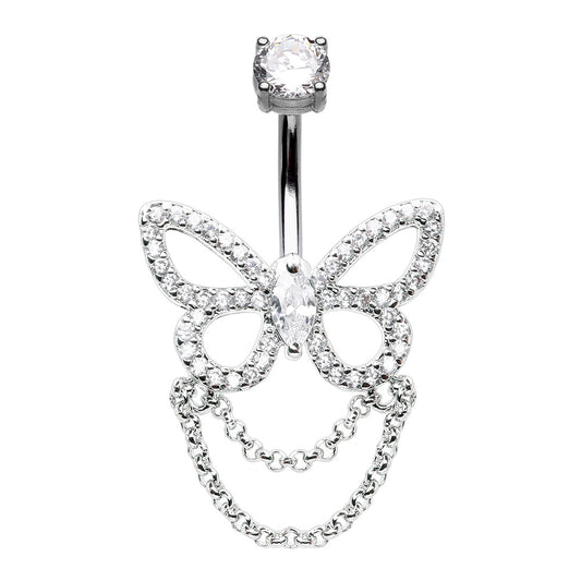 CZ Crystal Butterfly with Dangling Chains Belly Button Ring - 316L Stainless Steel