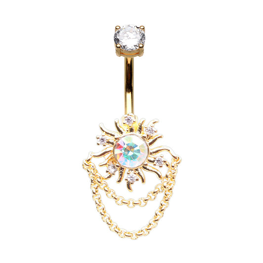 CZ Crystal Sun with Dangling Chains Belly Button Ring - Gold Plated 316L Stainless Steel
