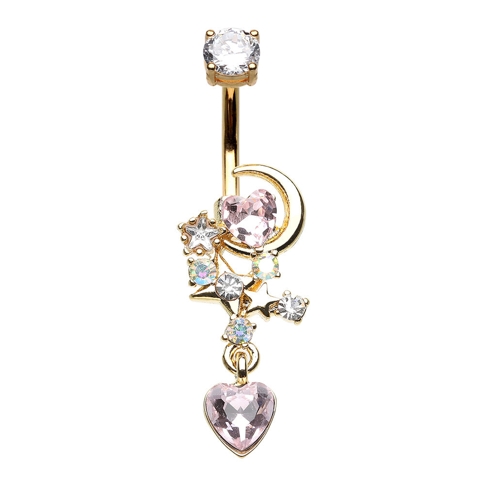 CZ Crystal Moon Stars and Heart Dangling Belly Button Ring - Gold Plated 316L Stainless Steel