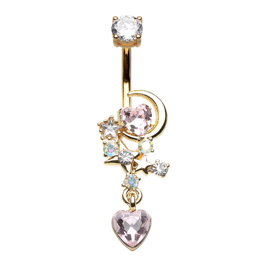 CZ Crystal Moon Stars and Heart Dangling Belly Button Ring - Gold Plated 316L Stainless Steel