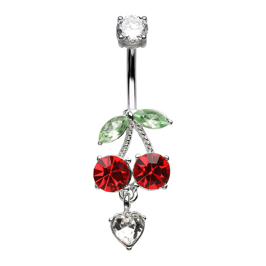 CZ Crystal Cherry with Dangling Heart Belly Button Ring - 316L Stainless Steel