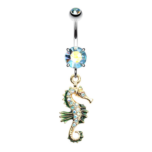 Aqua CZ Crystal Seahorse Dangling Belly Button Ring - Stainless Steel