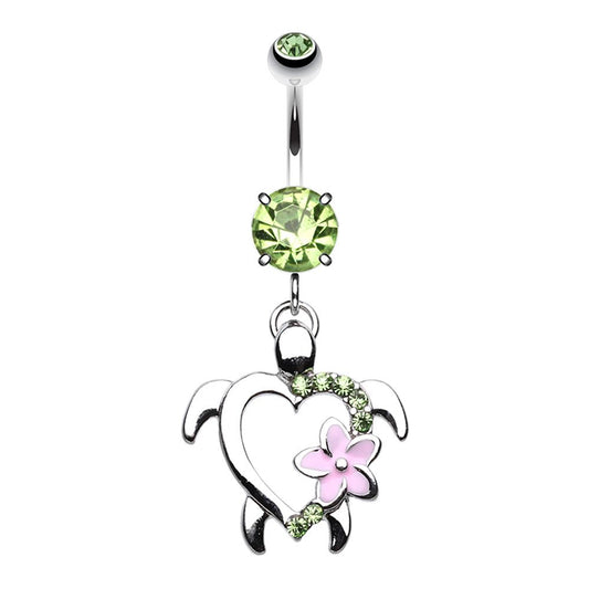 Light Green CZ Crystal Turtle with Hawaiian Flower Dangling Belly Button Ring - Stainless Steel