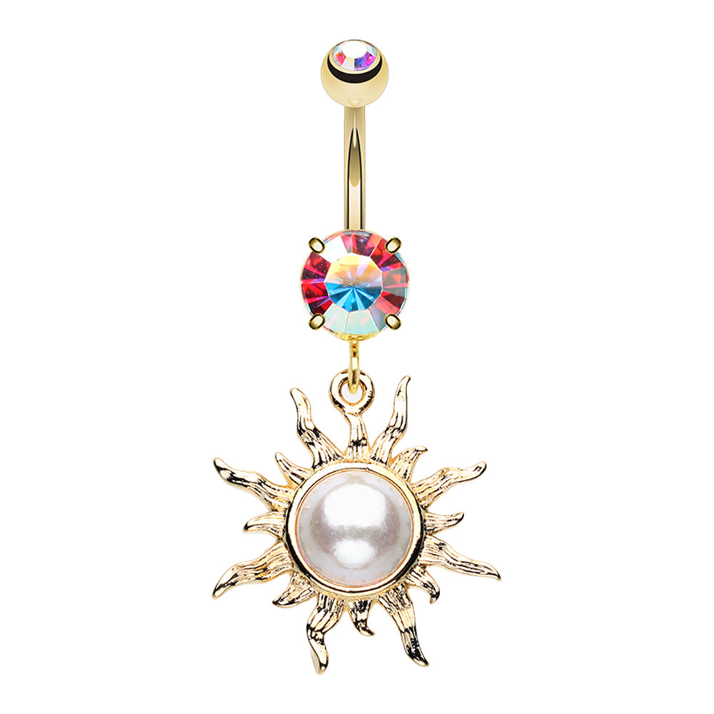 Faux Pearl Centered Sun Dangling Belly Button Ring - Gold Plated Stainless Steel