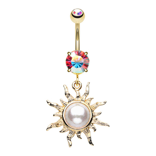 Faux Pearl Centered Sun Dangling Belly Button Ring - Gold Plated Stainless Steel