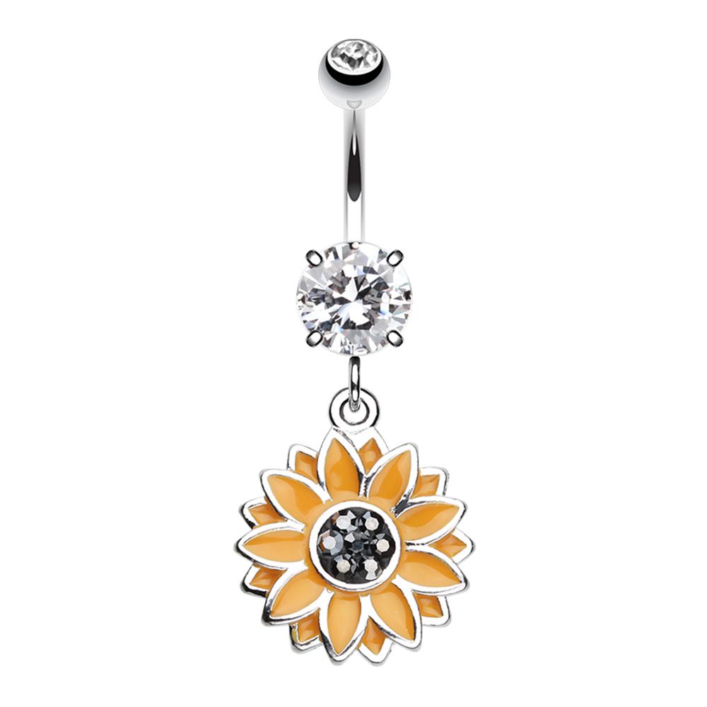 CZ Crystal Sunflower Dangling Belly Button Ring - Stainless Steel