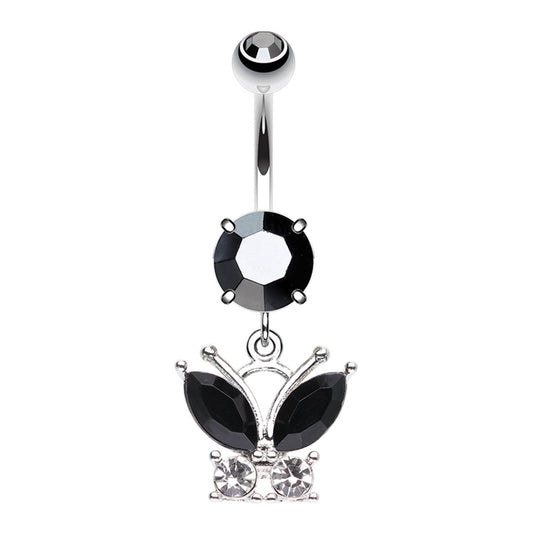 CZ Crystal Black Butterfly Dangling Belly Button Ring - Stainless Steel