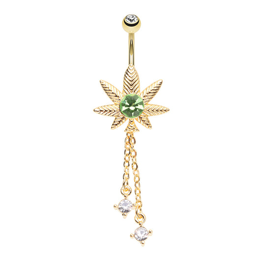 Light Green CZ Crystal Pot Leaf with Dangling Chains Belly Button Ring - Gold Plated Stainless Steel