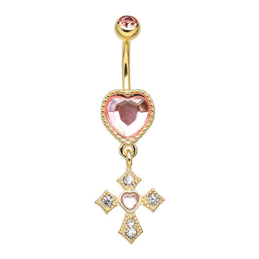 Pink CZ Crystal Heart with Dangling Cross Belly Button Ring - Gold Plated 316L Stainless Steel