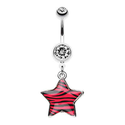 CZ Crystal Zebra Star Dangling Belly Button Ring - Stainless Steel