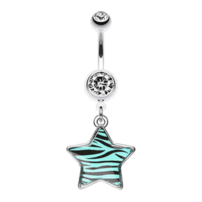 CZ Crystal Zebra Star Dangling Belly Button Ring - Stainless Steel