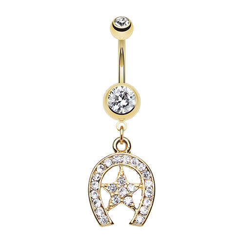 CZ Crystal Gold Star Lucky Horseshoe Dangling Belly Button Ring - Gold Plated Stainless Steel