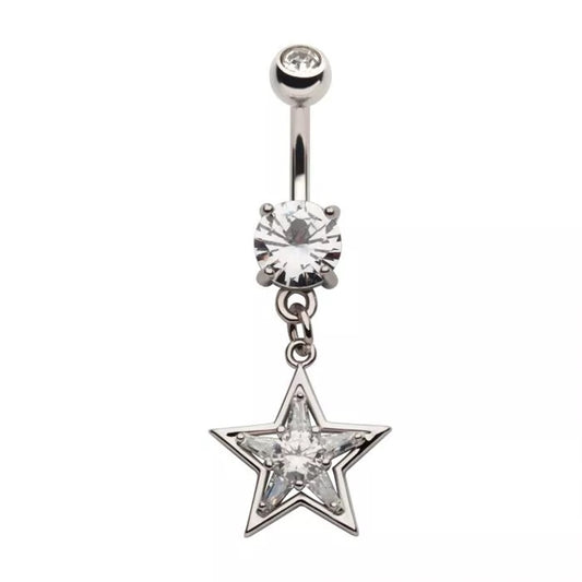 CZ Crystal Clear Star Dangling Belly Button Ring - 316L Stainless Steel