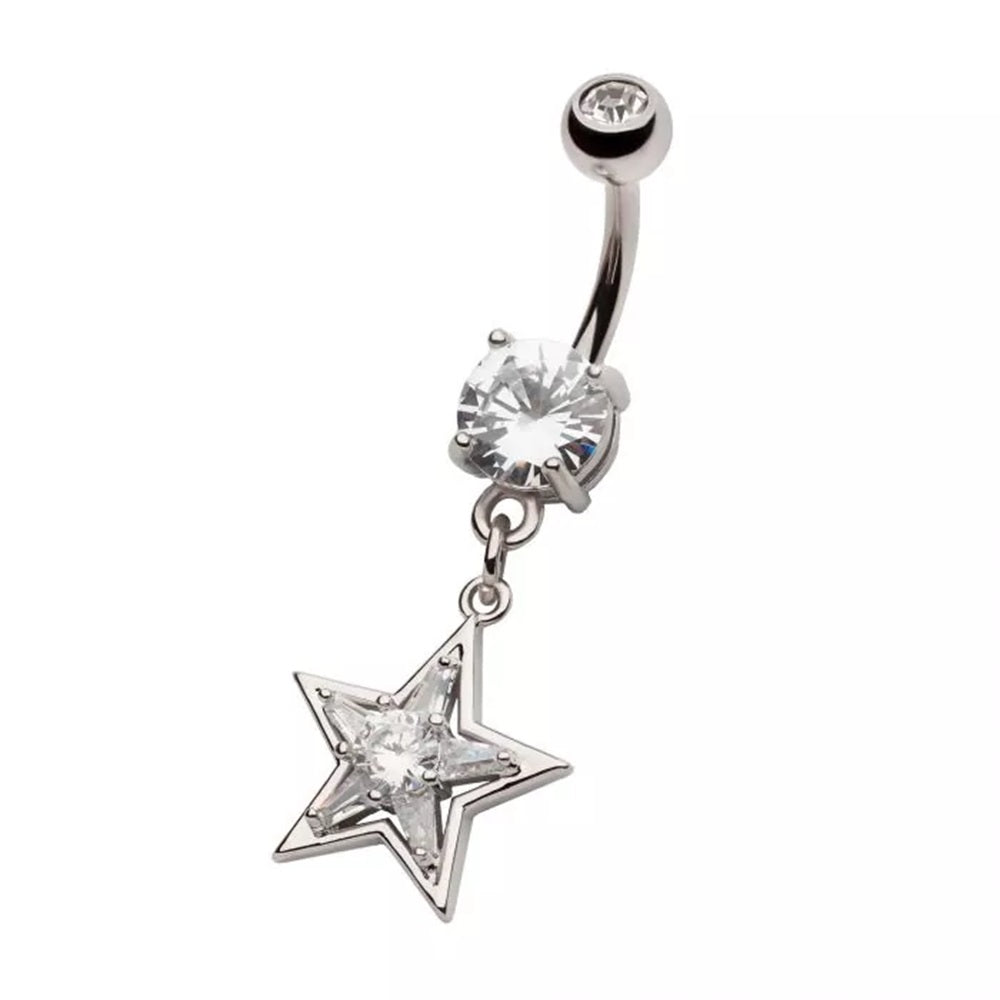 CZ Crystal Clear Star Dangling Belly Button Ring - 316L Stainless Steel