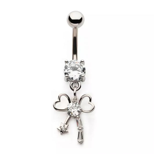 CZ Crystal Heart Ribbon Dangling Belly Button Ring - 316L Stainless Steel