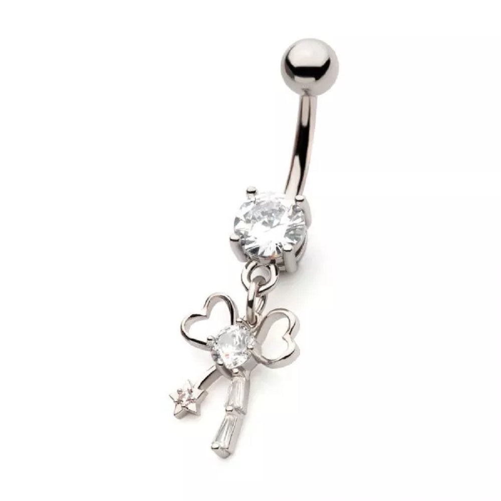 CZ Crystal Heart Ribbon Dangling Belly Button Ring - 316L Stainless Steel