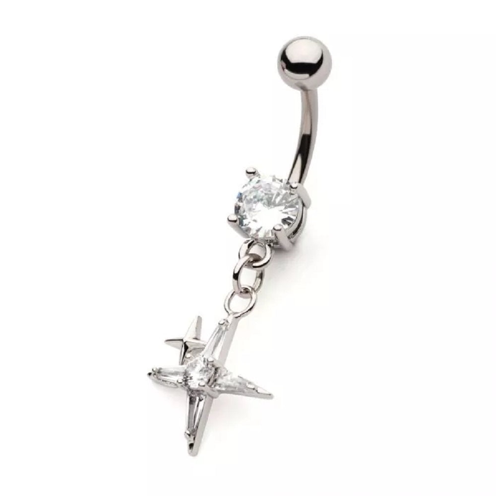 CZ Crystal Pointed Cross Dangling Belly Button Ring - 316L Stainless Steel