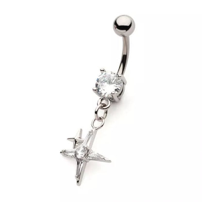 CZ Crystal Pointed Cross Dangling Belly Button Ring - 316L Stainless Steel
