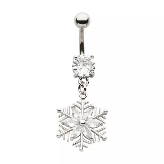 CZ Crystal Snowflake Dangling Belly Button Ring - 316L Stainless Steel